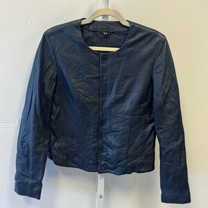 Overland Genuine Leather Minimalist Classic Jacket Magnet Closure Navy Sz 10